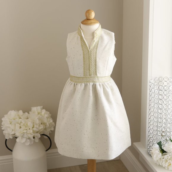 Girl's Couture Off White Gold Fleck Tweed Dress Sleeveless Tailored Party Event - Picture 1 of 10